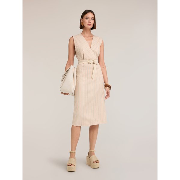 Motivi Vestito A Tubino A Righe In Misto Lino Donna, Beige, Taglia 46-image