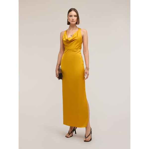 Motivi Vestito Lungo In Raso Con Drappeggio Donna, Giallo, Taglia 46-image