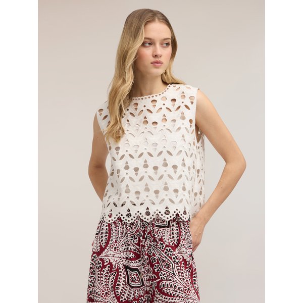 Motivi Top In Tessuto Coated Effetto Sangallo Donna, Bianco, Taglia Xs-image