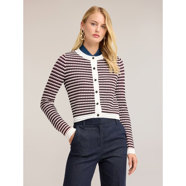 Motivi Cardigan In Maglia Traforata A Righe Donna, Bianco, Taglia XS-image