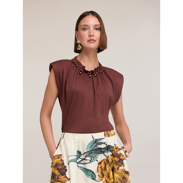 Motivi T-Shirt Con Arriccio E Applicazioni Sul Collo Donna, Marrone, Taglia M-image