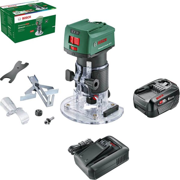 Bosch ADVANCEDTRIMROUTER 18V-8 P4A 18v Cordless Trim Router with Plunge Attachment 1 x 2.5ah Li-ion Battery Charger Case