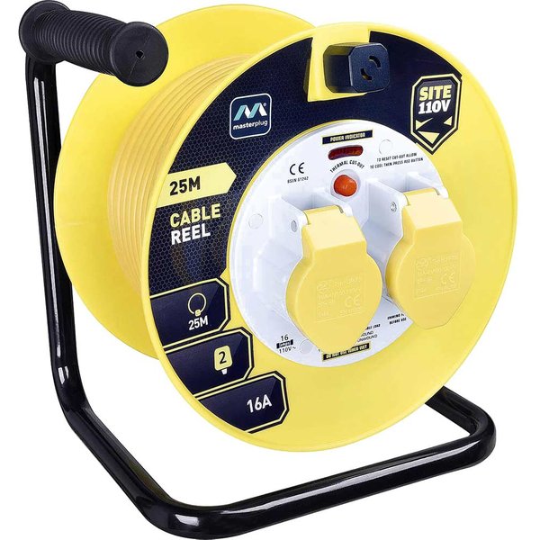 Masterplug 2 Socket Thermal Cut Out Cable Extension Reel 110v 25m