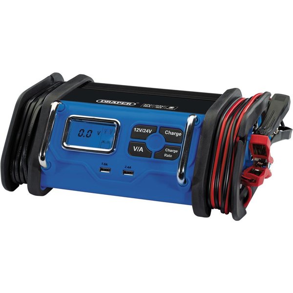 Draper 16A 12V/24V Battery Charger - Blue and Black, none