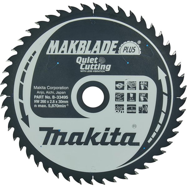 Makita MAKBLADE PLUS Circular Table Saw Blades for Wood Cutting 260mm 48T 30mm