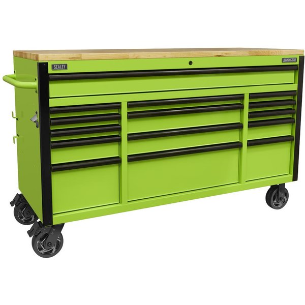 Sealey Superline Pro 15 Drawer Wooden Worktop Roller Cabinet Green