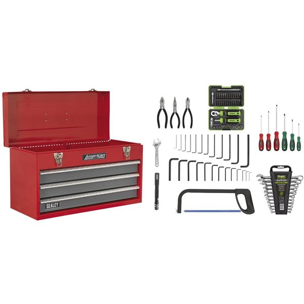 Sealey American Pro 3 Drawer Tool Chest + 93 Piece Tool Kit Red / Grey