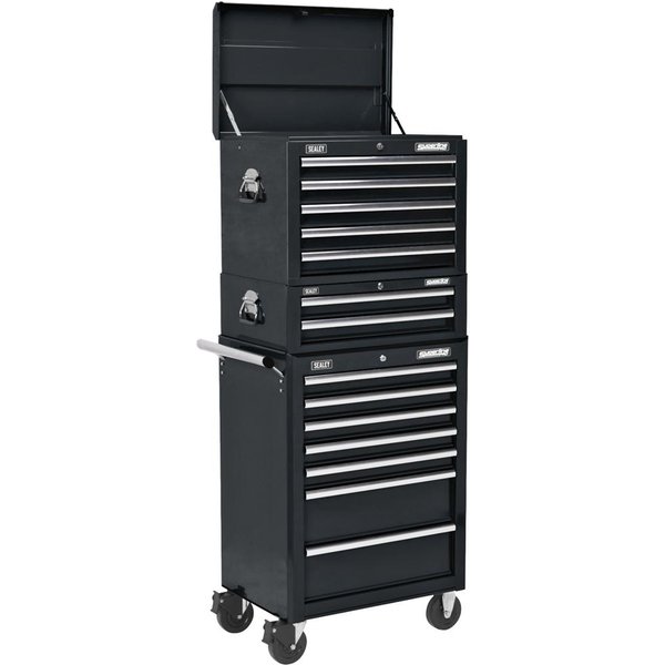 Sealey Superline Pro 14 Drawer Roller Cabinet, Mid Box and Top Tool Chest Black