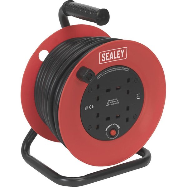 Sealey 4 Socket Heavy Duty Thermal Trip Cable Reel 240v 25m