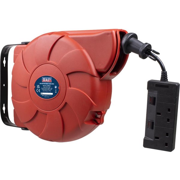 Sealey 2 Socket Wall Mount Cable Extension Reel 240v 10m