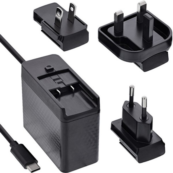 InLine® TravelCharge USB-C Netzteil 140W, GaN, festes Kabel, EU/UK/US, schwarz