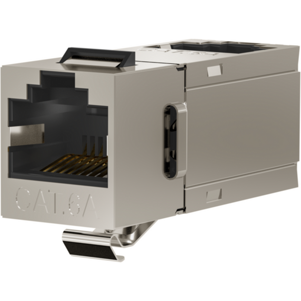 Keystone + Adapter Keystone Einbauadapter RJ45 STP, Cat.6A, 90° Anschluß, Edelstahlblechgehäuse - 1 VPE = 100 St�ck
