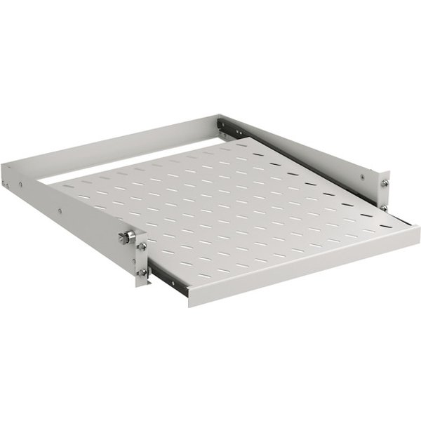 19" 2HE Fachboden ausziehbar, T=455 mm, Frontbefestigung, 20 kg, RAL7035