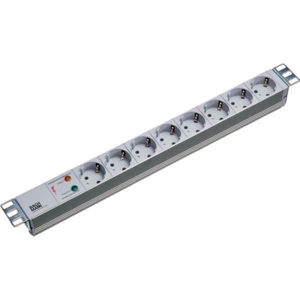 Steckdosenleisten 19" 1HE Steckdosenleiste 7 x Schutzkontakt, mit ÜSS und Schalter, grau - 1 VPE = 10 St�ck