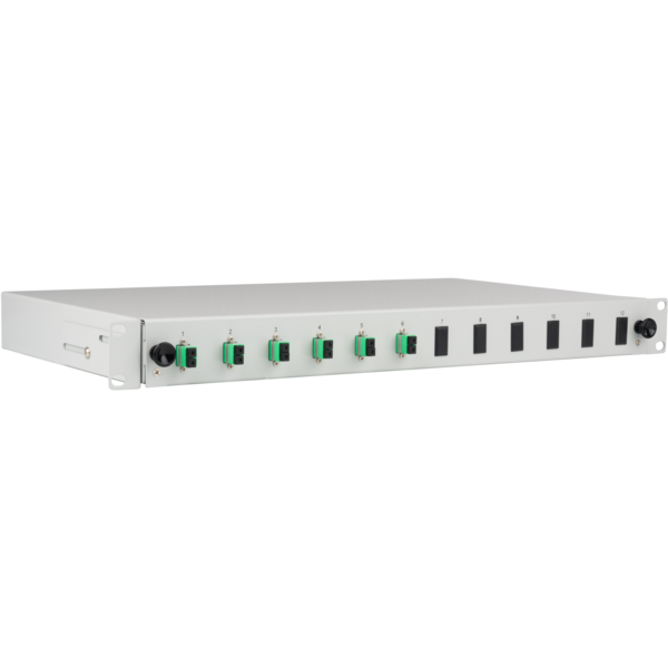 Spleißbox gr ausziehbar LC/APC OS2, 12xPigtails abgesetzt & 6xDuplex-Kupplung