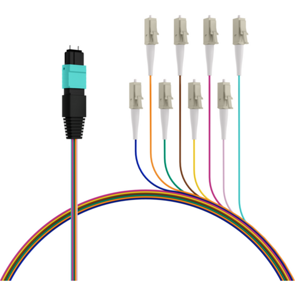 MPO / MTP MTP®(M)-LC Fanoutkabel OM3 8 Fasern, Typ B LSZH aqua 0,4m - 1 VPE = 10 St�ck