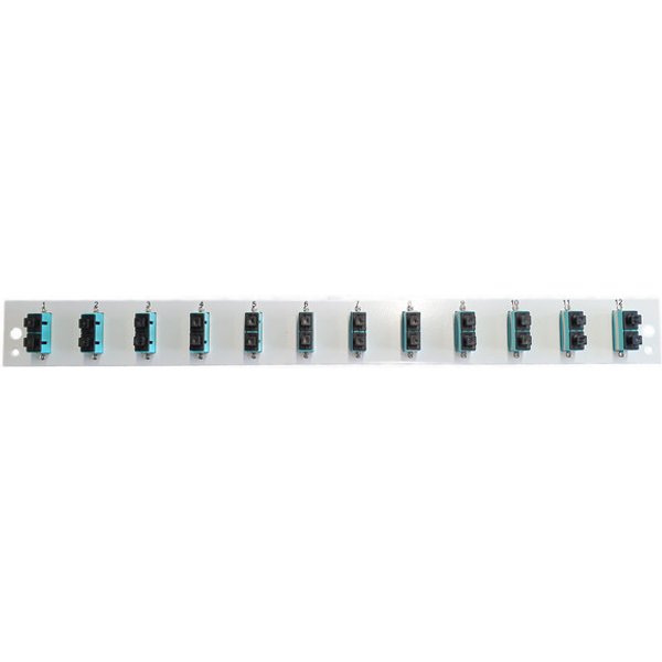 Bestückte Frontblende mit 12 x SC Duplex, Kupplung OM3 vertikal, schwarz