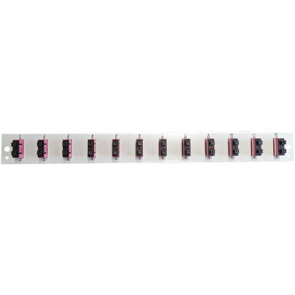 Bestückte Frontblende mit 12 x SC Duplex, Kupplung OM4 vertikal, schwarz