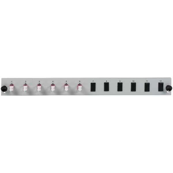 Bestückte 12 Port Frontblende mit 6 x LC, Duplex Kupplung OM4 vertikal, schwarz