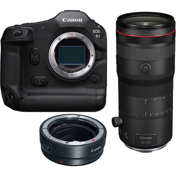 Canon EOS R1 Mirrorless Camera with RF 24-105 f/2.8L IS USM Z Lens with EF-EOS R mount adapter