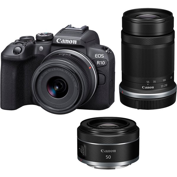 Canon EOS R10 Mirrorless Camera with RF-S 18-45mm, RF-S 55-210mm and RF 50mm f1.8 STM Lenses