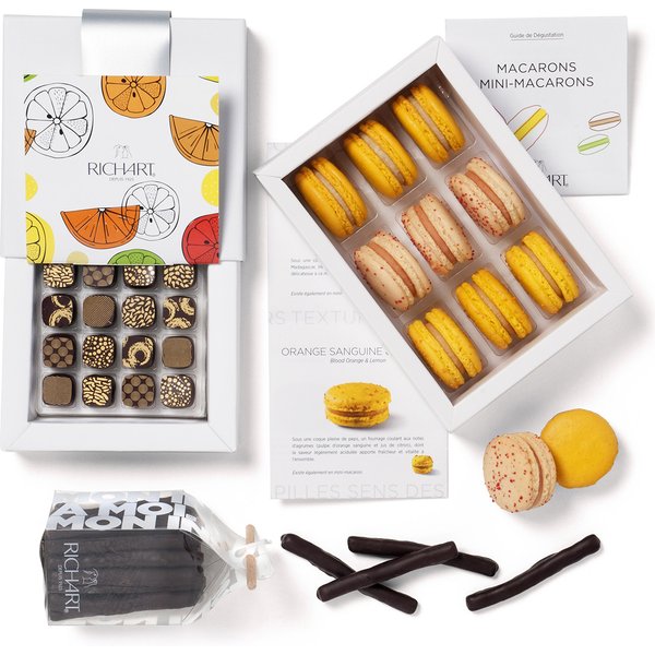 Gift Basket Of 26 Pieces Citrus. Assorted Chocolates, French Macarons, Orangettes. La Maison Richart, French Chocolatier Since 1925.-image