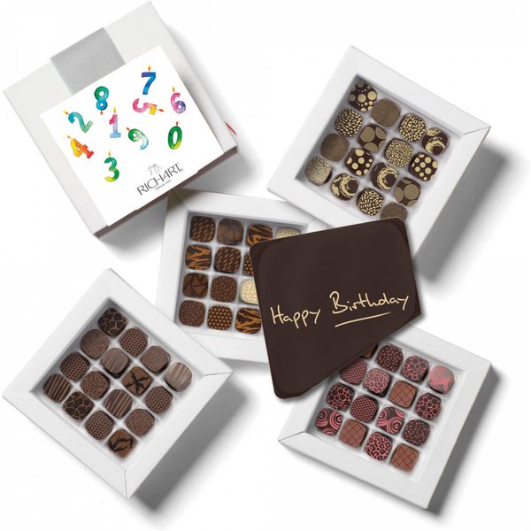 Happy Birthday Chocolate Gift Box Assortment Of 64 Filled Chocolates Petits Richart + 1 Chocolate Card "Happy Birthday"-image