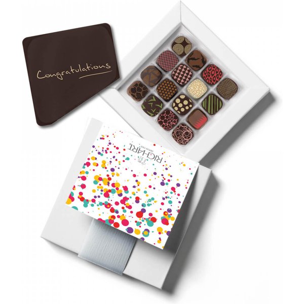 Congratulations Chocolate Gift Box 16 Filled Chocolates+ 1 Chocolate Message Card "Congratulations". Gourmet French Chocolates. Handmade.-image