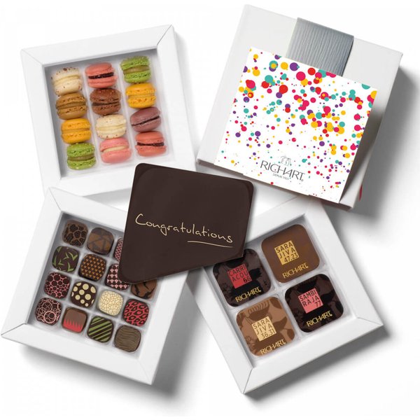 Gourmet Gift Box Congratulations 32 Chocolates + 12 Mini French Macaron + 1 Chocolate Card "Congratulations". La Maison Richart Since 1925.-image