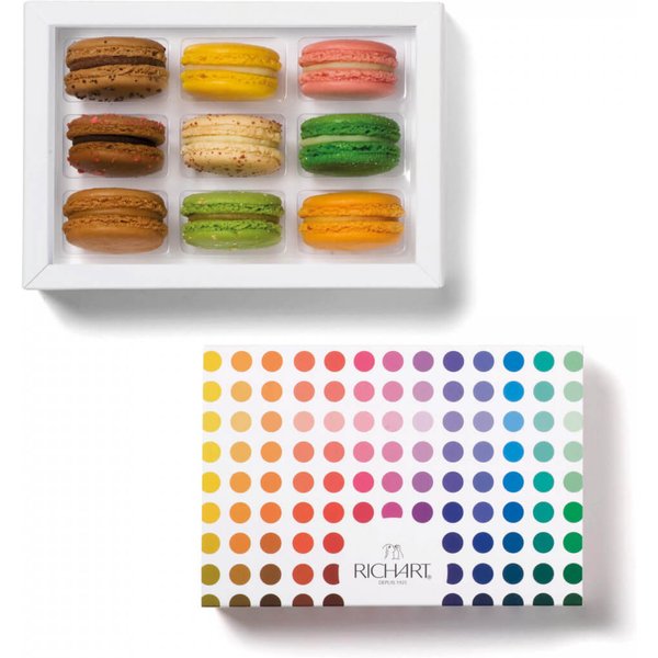 Box Of 9 Assorted Macarons : Fruit Compote, Ganache, Pralines Or Coulis Chocolate, Coffee, Pistachio, Blackcurrent, Vanilla… Handmade In France-image