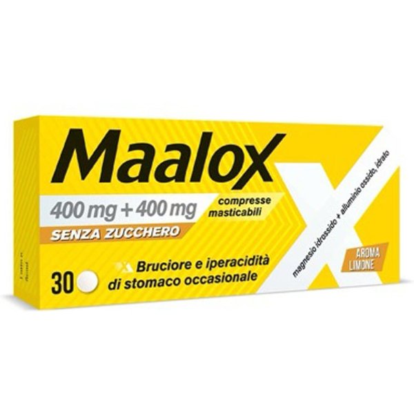 Maalox 400Mg+ 400Mg Trattamento Bruciore E Iperacidità Senza Zucchero Aroma Limone, 30 Compresse Masticabili-image