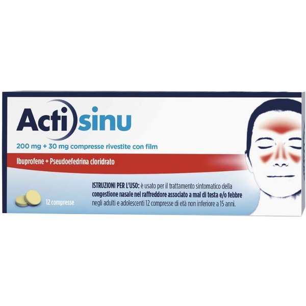 Actisinu 200Mg Ibuprofene + 30Mg Pseudoefedrina Cloridrato Congestione Nasale, 12 Compresse-image