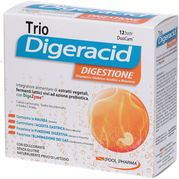 Pool Pharma Trio Digeracid - Integratore Digestivo Contro L'acidità E I Gas, 12 Bustine-image
