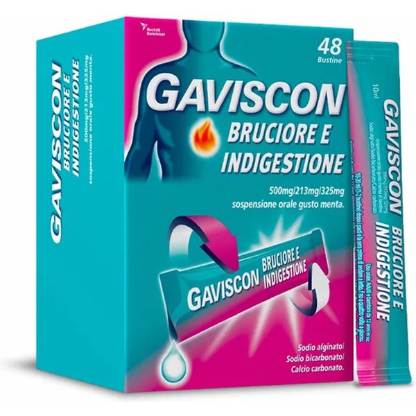 Gaviscon Bruciore E Indigestione 500Mg + 213Mg + 325Mg Sospensione Orale Gusto Menta, 48 Bustine-image