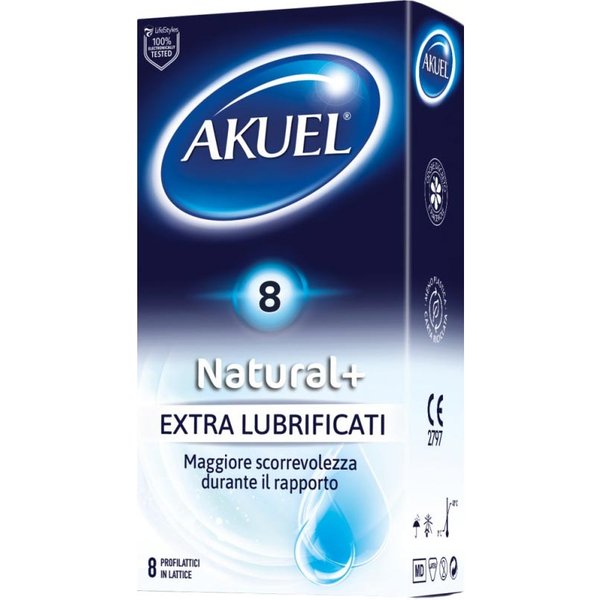 Akuel Natural+ Profilattici In Lattice Extra Lubrificati, 8 Preservativi-image