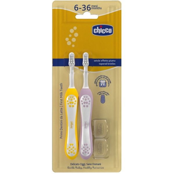 Chicco Spazzolino Primi Denti Da Latte 6-36M Colore Rosa E Giallo, 2 Pezzi-image