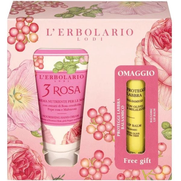 L'Erbolario 3 Rosa Cofanetto Con Crema Mani E Balsamo Labbra Per Il Nutrimento, 75 Ml E 4,5 Ml-image