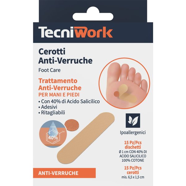Tecniwork Cerotti Anti Verruche Per Mani E Piedi Con 40% Di Acido Salicilico, 15 Cerotti-image
