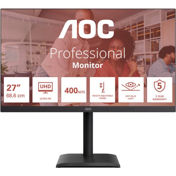 Aoc Monitor 27 Led Ips 4K Uhd 16:9 4MS 75Hz 400 Cdm, Pivot, Dp/Hdmi, Usb-C, Multimediale U27E4Cv-image