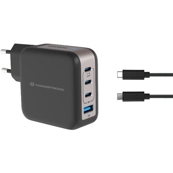 Conceptronic 4-Port 100W Gan USB Pd Charger With Usb-C Charging Cable X 3 Usb-A 1 Qc 3.0 Pps Black ALTHEA18B-image