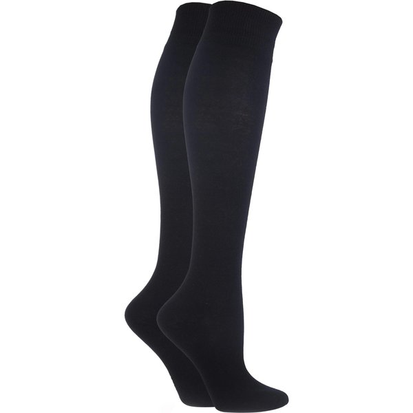 2 Pair Black Plain Cotton Knee Highs Ladies 4-8 Ladies - Elle