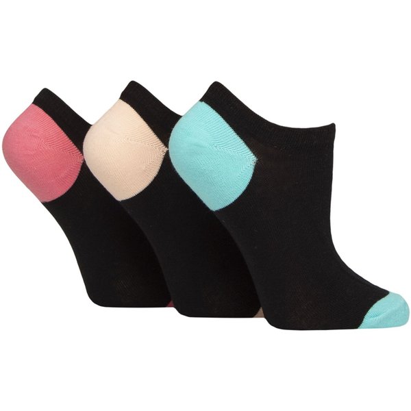 Women's 3 Pair Pringle Plain and Patterned Cotton Trainer Socks Black Turquoise / Peach 4-8 Women's