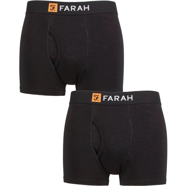 Mens 2 Pack Farah Plain and Striped Cotton Classic Keyhole Trunks Black / Black S