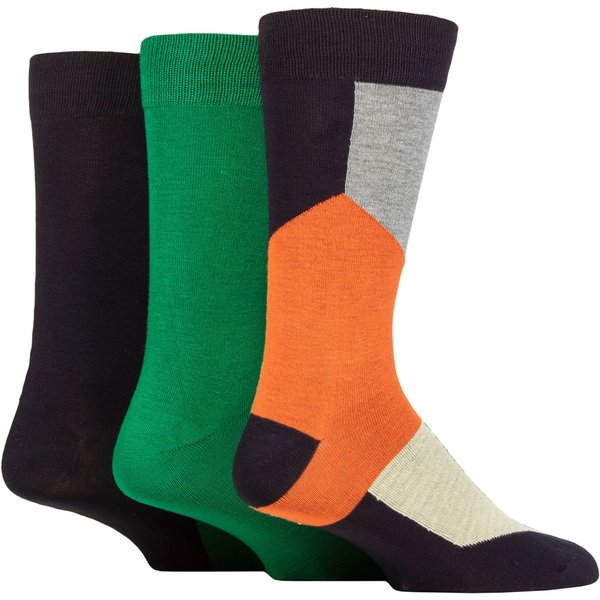 Mens 3 Pair SOCKSHOP Wildfeet Patterned Spots and Stripes Bamboo Socks Shapes Navy / Orange / Green 7-11