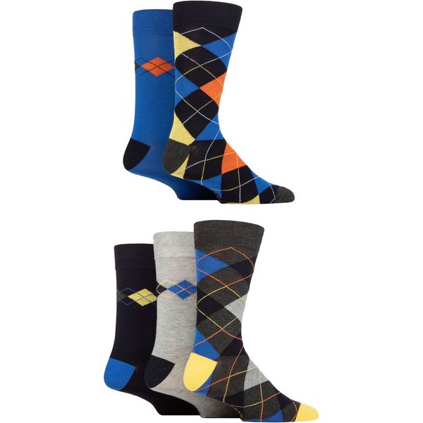 Mens 5 Pair SOCKSHOP Plain, Striped and Patterned Bamboo Socks Argyle Navy Bright 7-11
