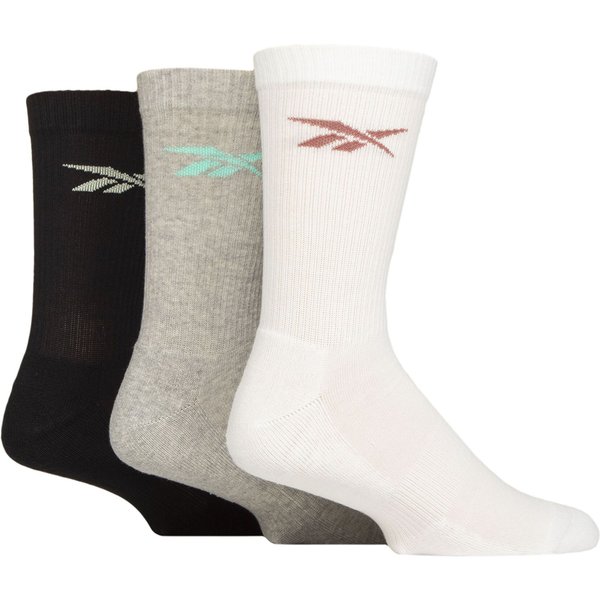 Mens and Women's 3 Pair Reebok Essentials Cotton Crew Socks with Arch Support White / Grey / Black 6.5-8 UK