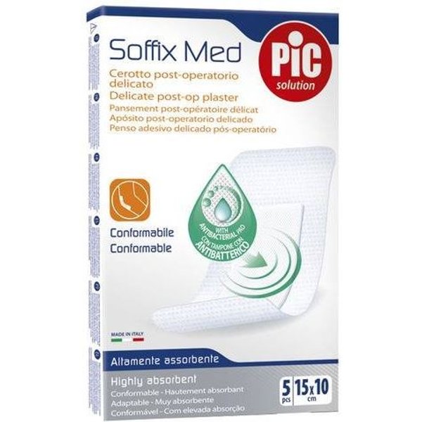 Cerotto Pic Soffix Med In Tnt Con Tampone Centrale Assorbente Sterile Monouso 10X15 Cm Antibatterico 5 Pezzi-image