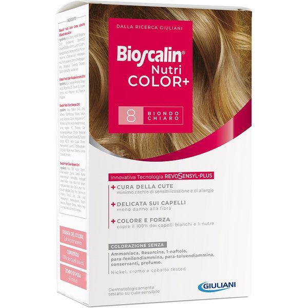 Bioscalin Nutricolor Plus 8 Biondo Chiaro Crema Colorante 40 Ml + Rivelatore Crema 60 Ml + Shampoo 12 Ml + Trattamento Finale Balsamo 12 Ml-image