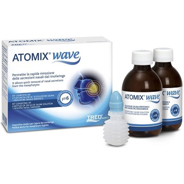 Atomix Wave Dispositivo Per Igiene Rinofaringea Atomix Soluzione Salina 250 Ml 2 Pezzi + Terminale Nasale + Erogatore A Soffietto-image