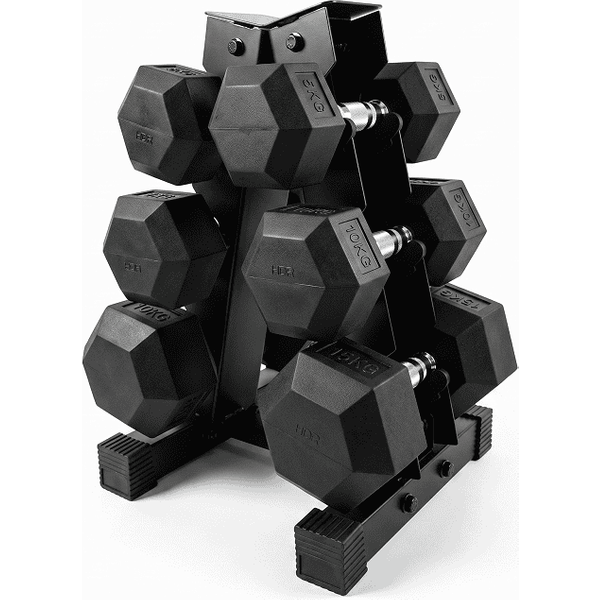 Ironman Rubber Coated Hex Dumbbell & 3 Tier Rack Set – 10kg, 15kg & 20kg Pairs
